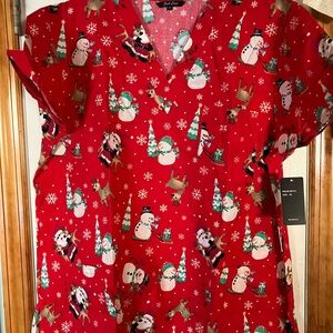 Red Holiday Themed Scrub Top